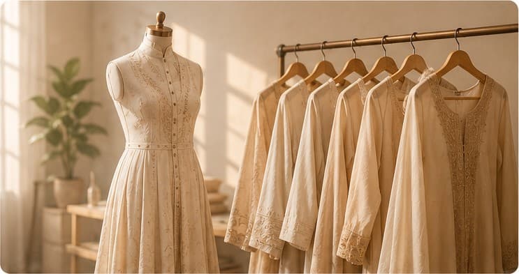 Finished garments on a rail beside a dress form