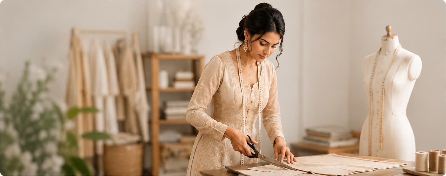 Designer cutting cloth in a bright studio