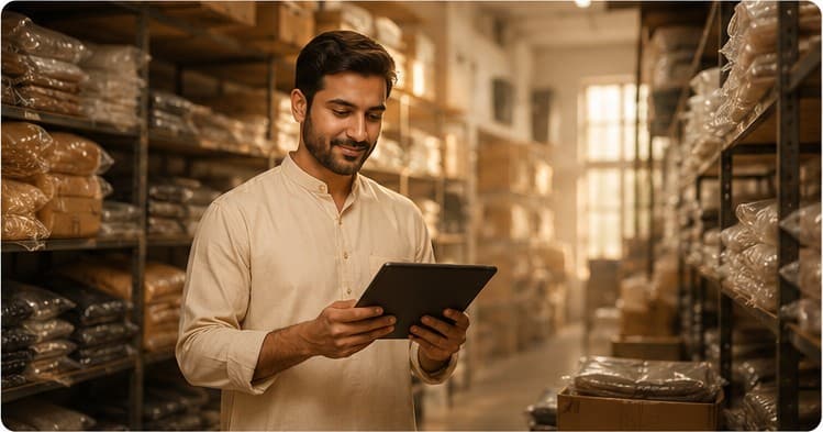 Supplier checking stock on a tablet in a warehouse