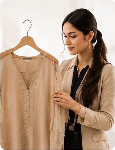 Stylist presenting a garment on a hanger