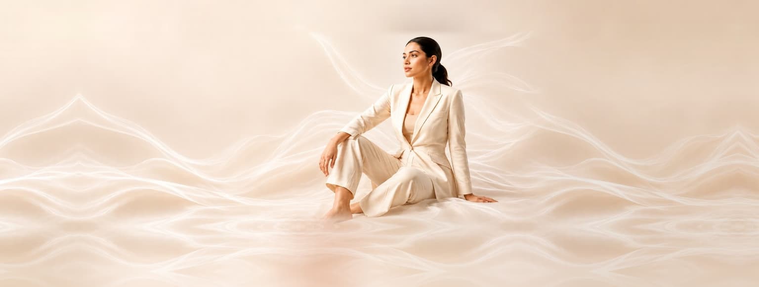 Woman in a cream tailored suit, seated