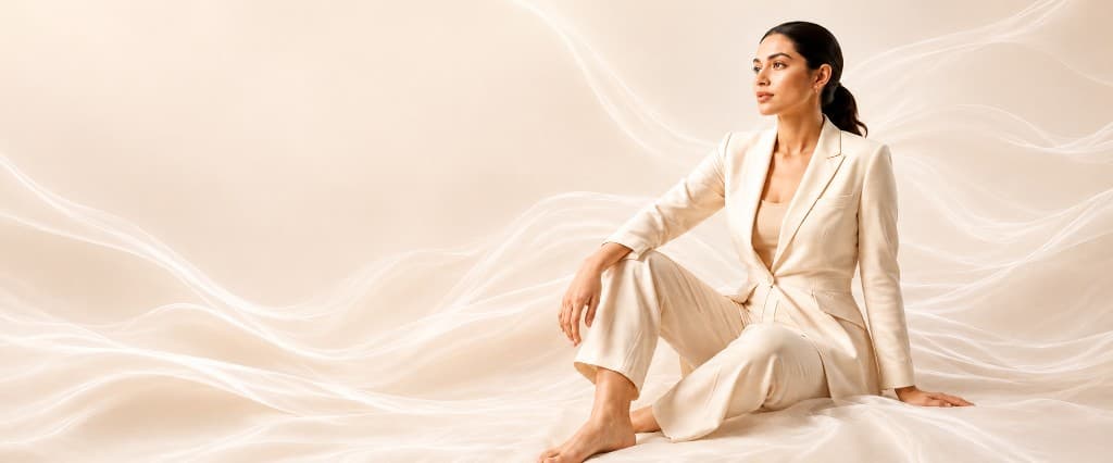 Woman in a cream tailored suit, seated
