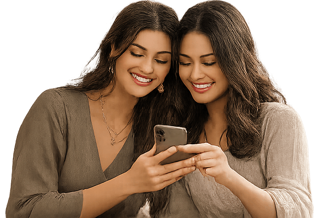 Two friends looking at Ceezon together on a phone