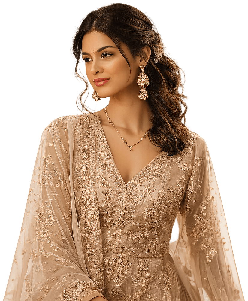 Model in a gold embroidered ensemble
