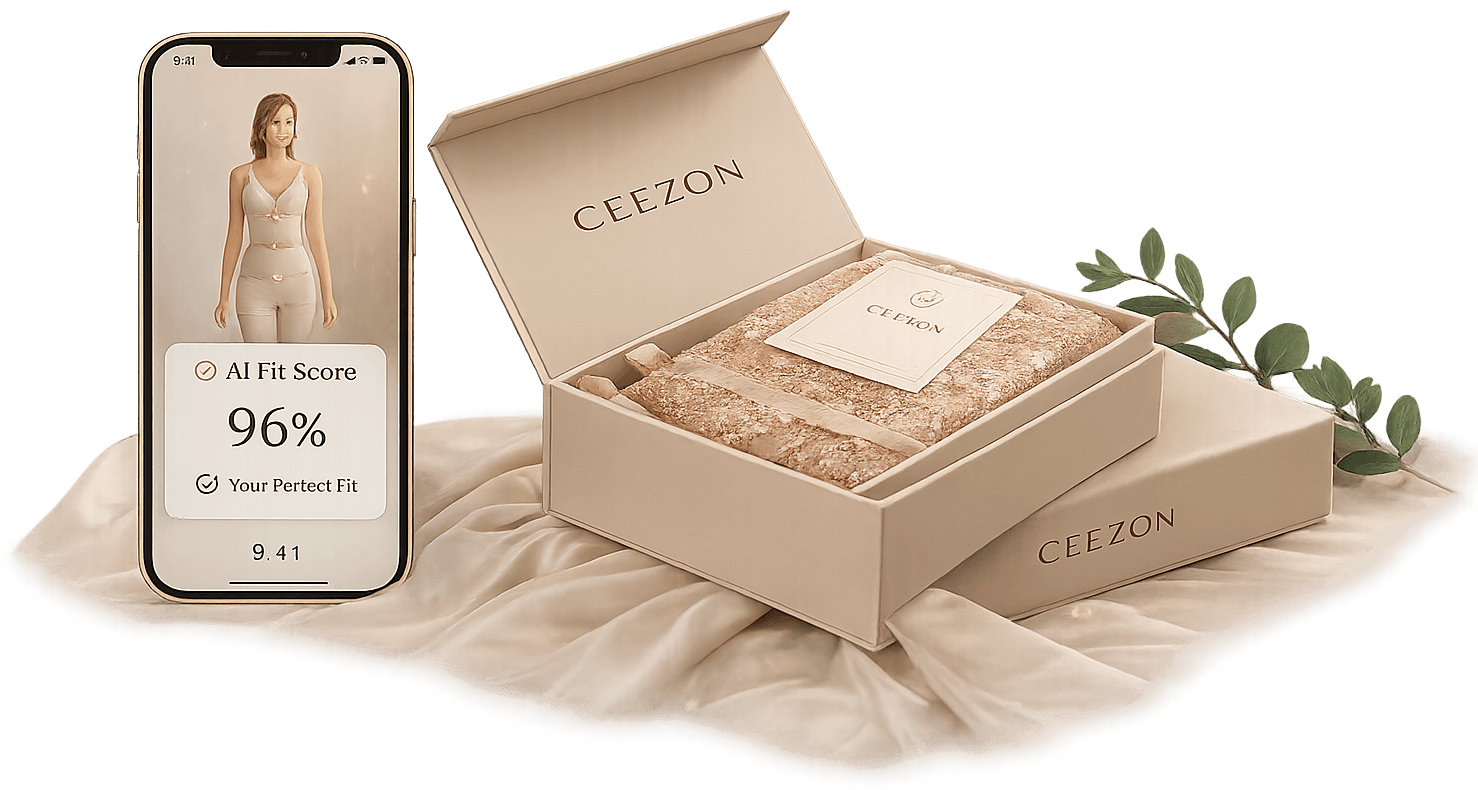 Ceezon gift box beside a phone showing an AI fit score