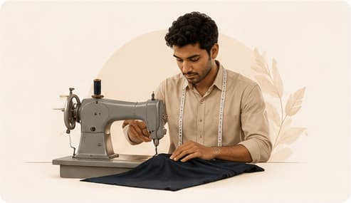 Karigar stitching fabric at a sewing machine