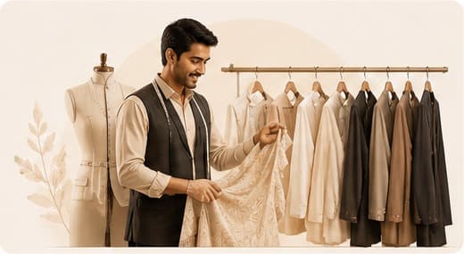 Tailor presenting finished garments on a rail