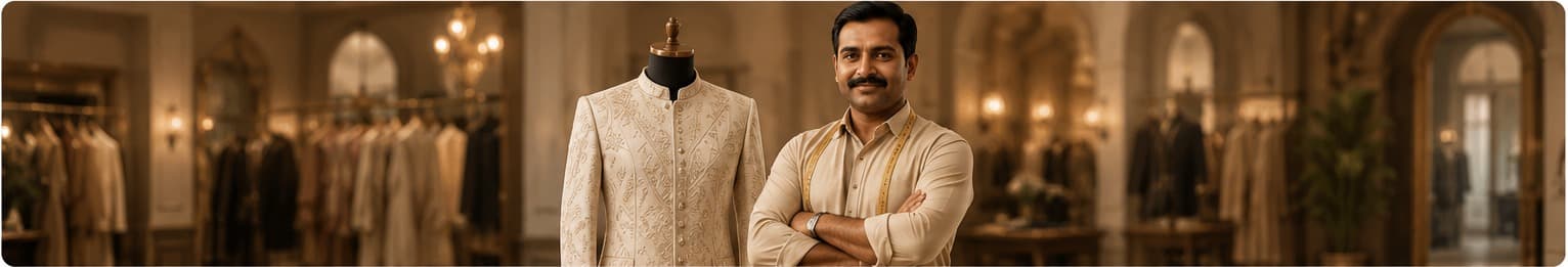 Tailor beside a finished embroidered sherwani