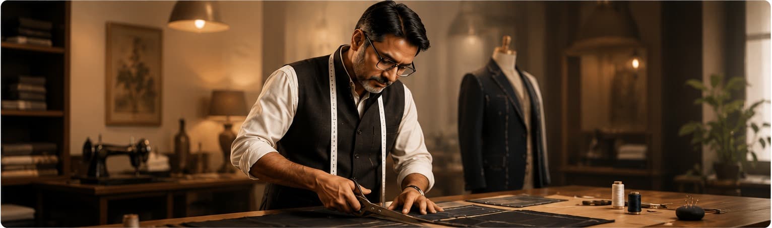 Master tailor cutting cloth in his workshop